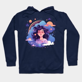 Woman with sweet dreams concept Young girl with galaxy and universe at hairs Hoodie